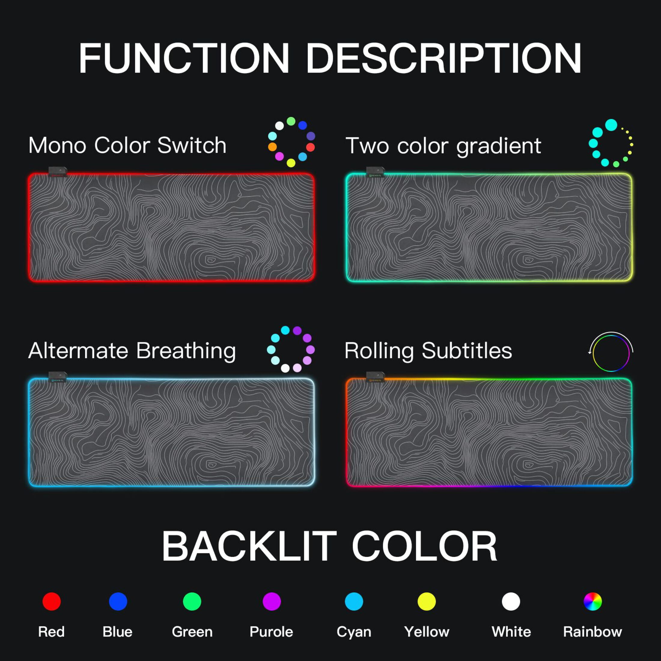 Large RGB Gaming Mouse Pad Led Glowing Mousepad Non-Slip Rubber Base 13 Light Modes 31.5x11.8 Topographic Line