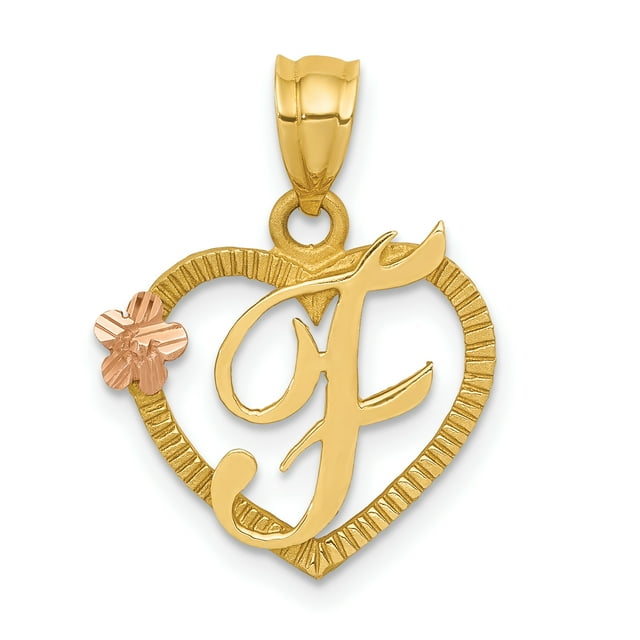 14k Yellow and White Gold Two-Tone Initial F in Heart Charm Length 22mm