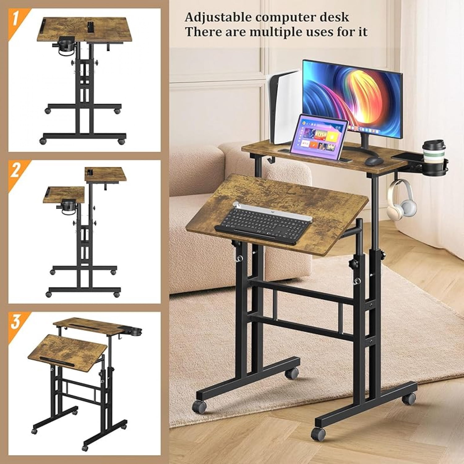 Small Standing Desk with Wheels, Stand Up Desk, Mobile Desk, Portable Standing Desk on Wheels, Standing Desk for Walking Pad, Rolling Desk Adjustable Height, Rolling Computer Desk, Tall Desk on Wheels
