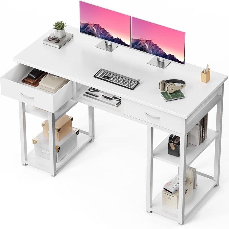 Kelno 48 Inch Computer Desk with 2 Fabric Drawer Storage Shelf Gaming Writing Table, White
