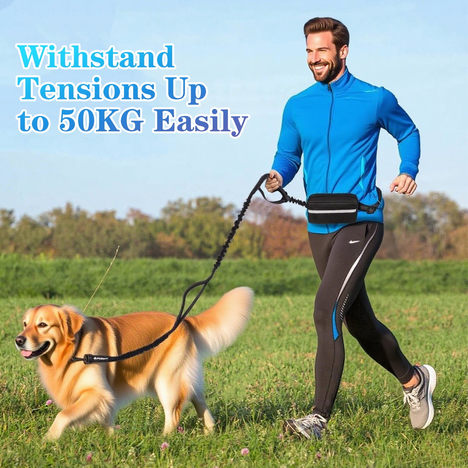 Hands Free Dog Leash for Dogs, Waist Leash for Dog Walking-Double and Single Dog Leashes for Medium and Large Breeds-Pouch & Lumbar Support, Adjustable Waist Belt, Retractable Bungee,Padded Handles