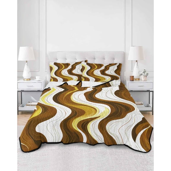 Quilts King Size, Brown Stripe Soft Comforter Bedding Set for Bed, Gold Geometric White Coastal Wave Modern Ocean Lightweight Quilted Bedspread with Pillow Cover(2 Pieces) for All Season, 96x106 Inch
