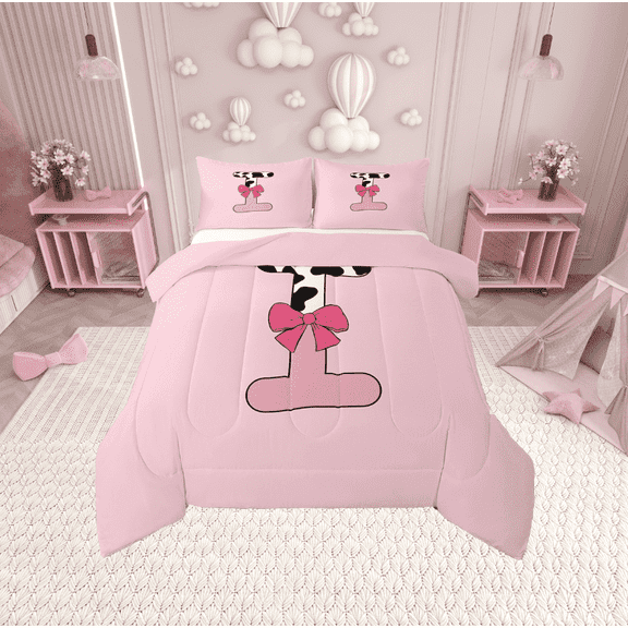 Erosebridal Initial Monogrammed Bedding Twin Comforter Set,Bowknot Cow Print Down Comforter,Lightweight Reversible Bedding Sets Twin with Comforter,Kawaii Room Decorative,3pcs