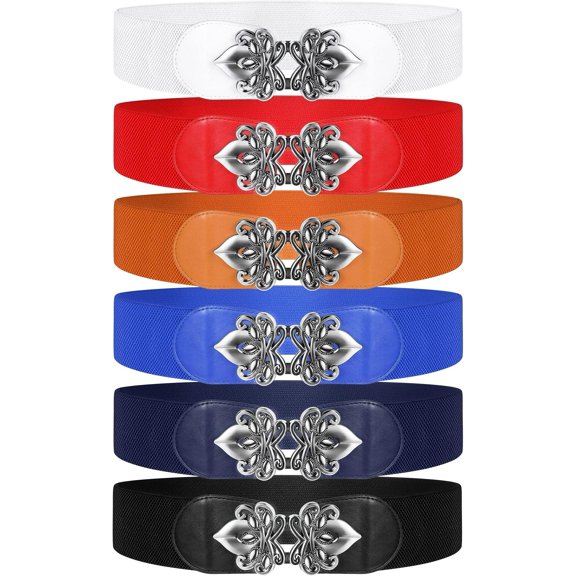 6 count Women Wide Stretchy Belt Retro for Dress Elastic Belt with Buckle PU Leather