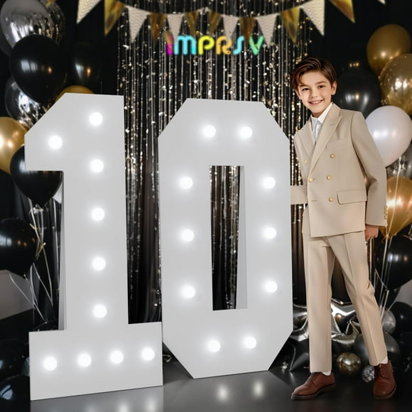imprsv Numéros de Chapiteau Décorations d'Anniversaire 10 Ans : Grand Ballon Lumineux de 4 Pieds pour Fête Décoration d'Anniversaire Fille Garçon Anniversaire Panneau en Mousse Numéro Mural 10