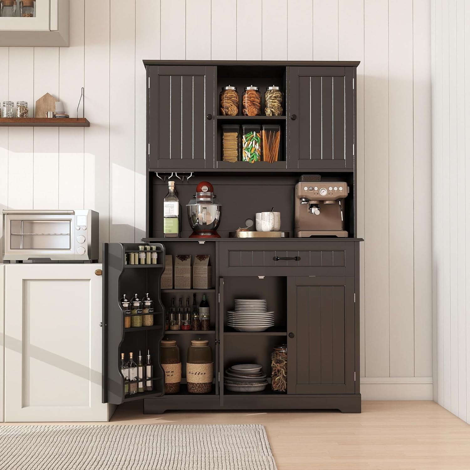 67" Kitchen Hutch Cabinet with 5 Doors and 14 Shelves, Noelse Large Wooden Kitchen Pantry Storage Cabinet with Drawer, Tall Coffee Bar for Dining Room, Black