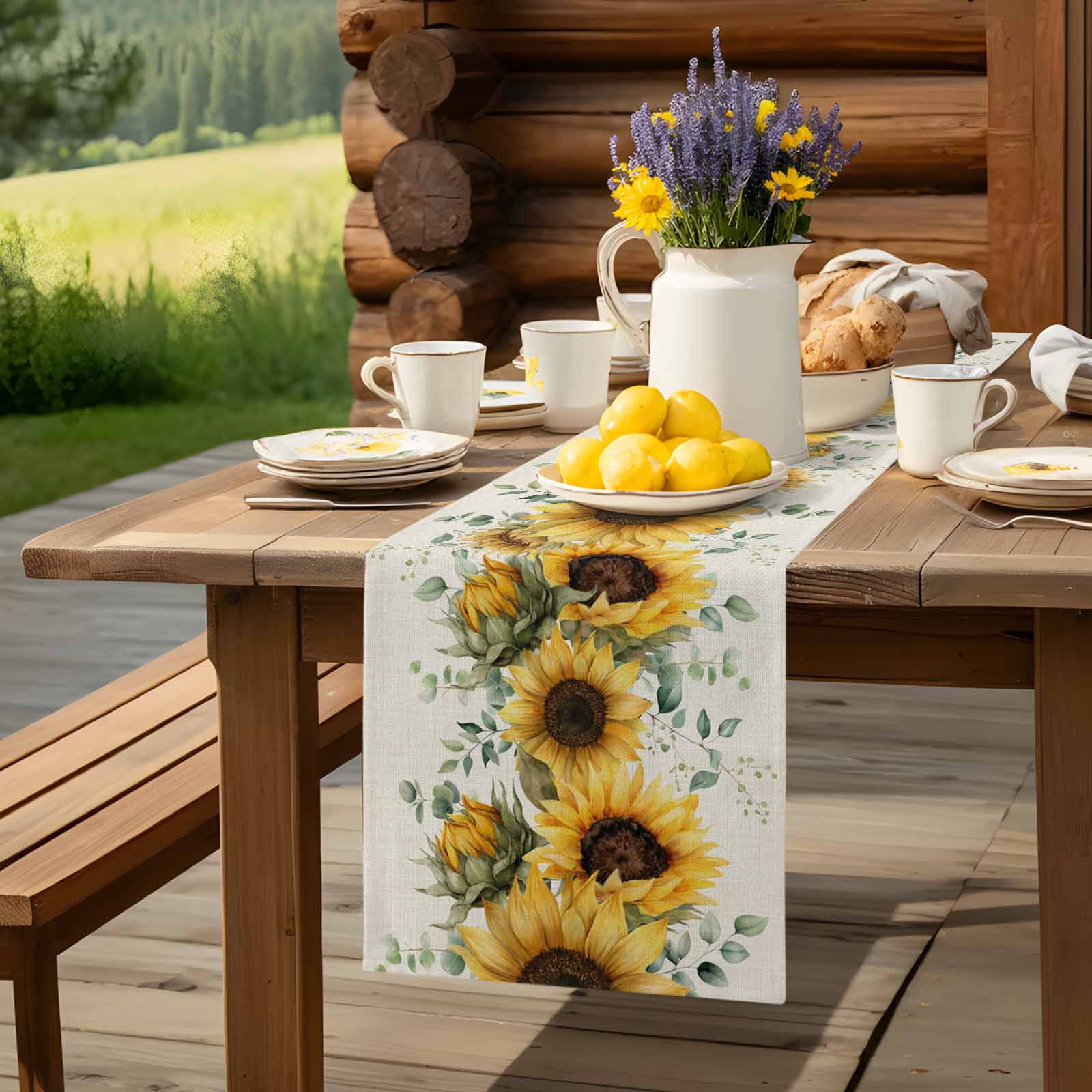 Farm Sunflower Eucalyptus Leaves Table Runner 90 Inches Long, Rustic Plants Retro Linen Table Runners Tabletop Scarf Kitchen Dining Tables Decoration for Home Party Indoor Outdoor