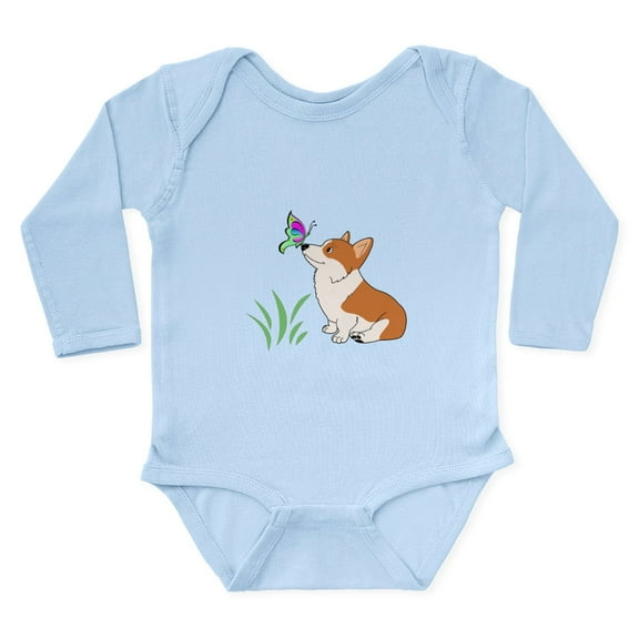 CafePress - Corgi With Butterfly Body Suit - Long Sleeve Cotton Baby Bodysuit