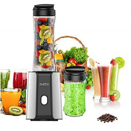 Portin High Speed Personal Blender with Travel Portable Bottle Smoothie Maker for Making Shakes Smoothies and juice,300 Watt Removable FDA Double Cup Ice
