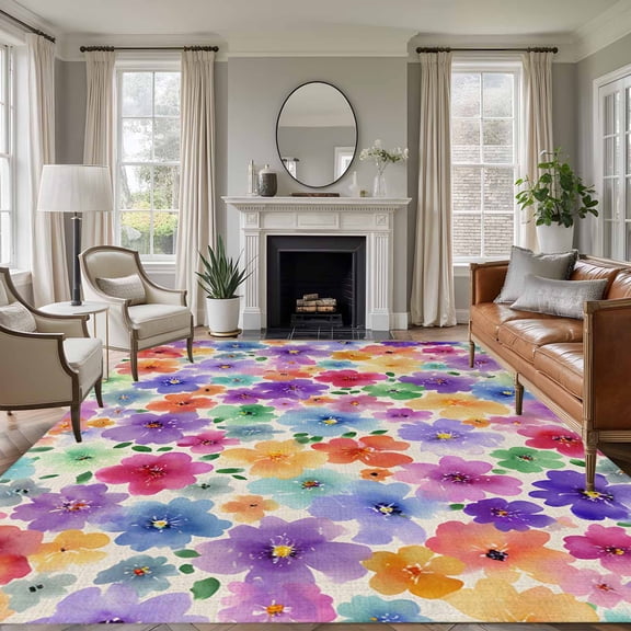 Rectangle Area Rugs 5 x 7 Ft, Colorful Flowers Non-Slip Residential Carpet, Spring Farmhouse Watercolor Floral Beige Indoor Crawling Mats Runner Rugs for Living Room/Dining Room/Bedroom