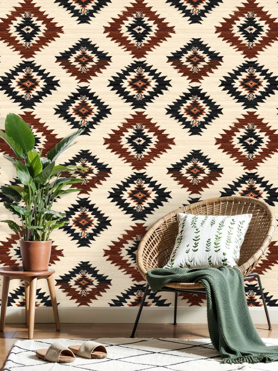 Aztec Peel and Stick Wallpaper Geometric Diamond Earthy Tones Vintage Texture Wall Mural 17.7in x 9.8ft Self Adhesive Removable Wall Paper Renter Friendly Wallpaper for Nursery Bedroom Cabinets