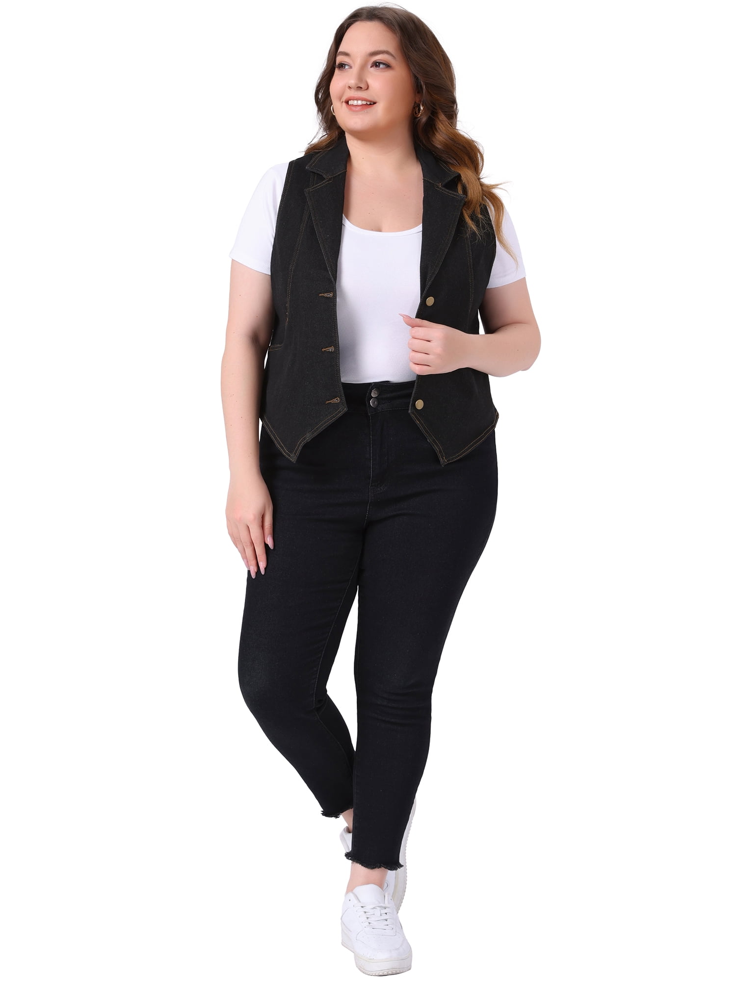 DARING DIVA Women's Plus Size Lapel Sleeveless Waistcoat Jean Vest Jacket 2X Black