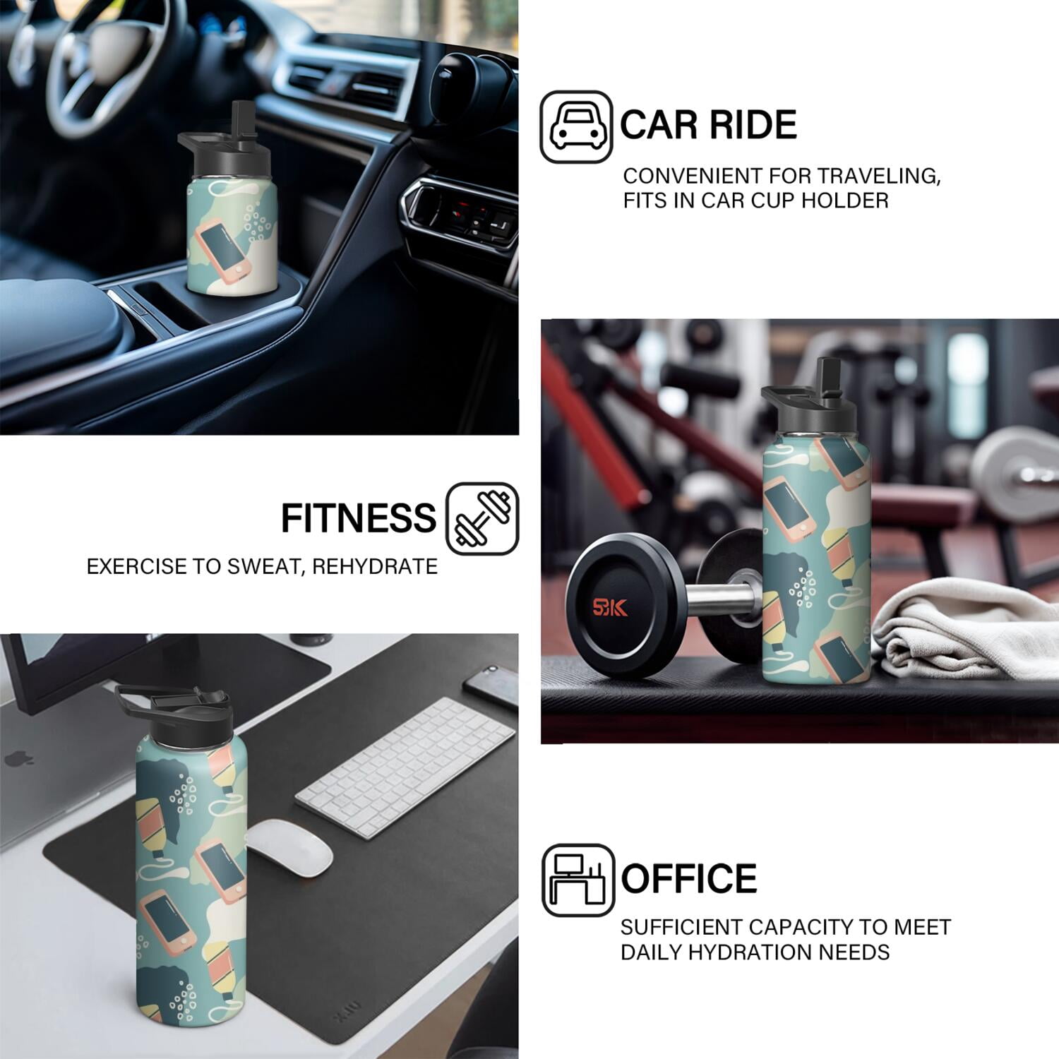 Modern 18 oz Insulated Stainless Steel Water Bottle with Straw & Cleaning Brush , Leakproof, BPA-Free, 304 Stainless Steel, Wide Mouth, Travel Mug for Car, Gym, Office