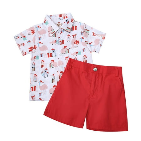 

WUXIAN Christmas Clothes Toddler Kids Baby Boy Cartoon Print T-Shirts Short Sleeve Red Shorts Gentle Suit Xmas 2pcs Outfits Set Infants Children Cozy Dailywear