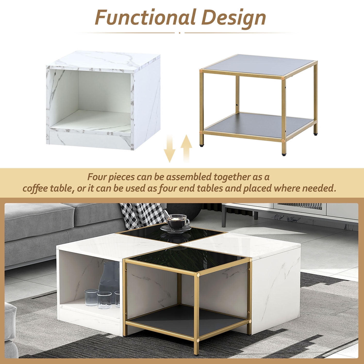 Kadyn Modern Coffee Table, Particle Board Tea Table with Metal Frame, Simply Assemble Square Corner Tables with High Gloss White Marble Finish, White+Black