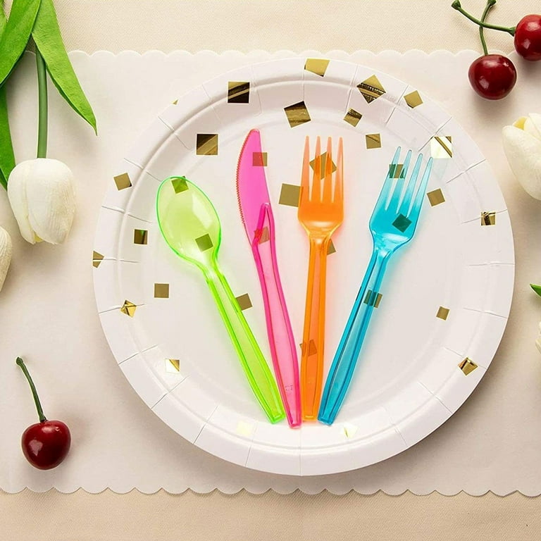Juvale Rainbow Plastic Silverware Set, Neon Forks, Knives, and Spoons (144 Pieces)