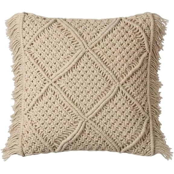 AVOIRR Handmade Macrame Cushion Cover 16x16 Inch – Boho Decorative Throw Pillow Cover with Fringe, Cotton Woven Pillow Case for Sofa, Couch, Living Room & Bedroom Decor