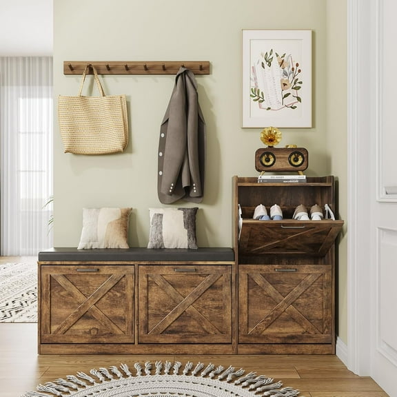 Studyset Farmhouse Shoe Cabinet with 4Drawers for Entryway, Shoe Storage Cabinet with Shoe Bench and and Comfort Cushion, Narrow Slim Shoe Rack Organizer for Entrance, Living Room, Hallway