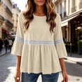 thumbnail image 3 of Lenpel 3/4 Length Sleeve Womens Tops Cotton Linen Crew Neck Fashion Peplum Blouses Casual Loose Eyelet Lace Patchwork Shirts Fall Clothes, 3 of 7