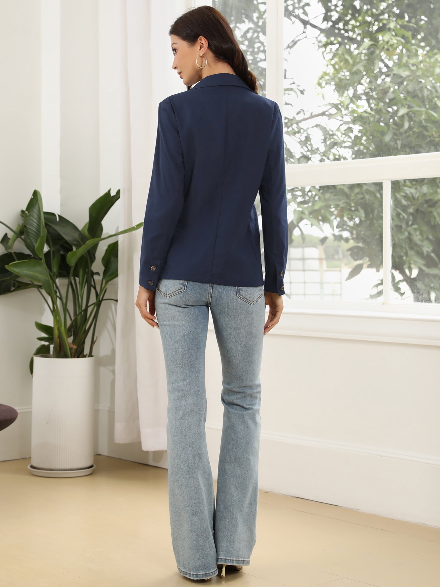 DARING DIVA Women's Business Casual One Button Cotton Linen Blazer Jacket XS Navy Blue