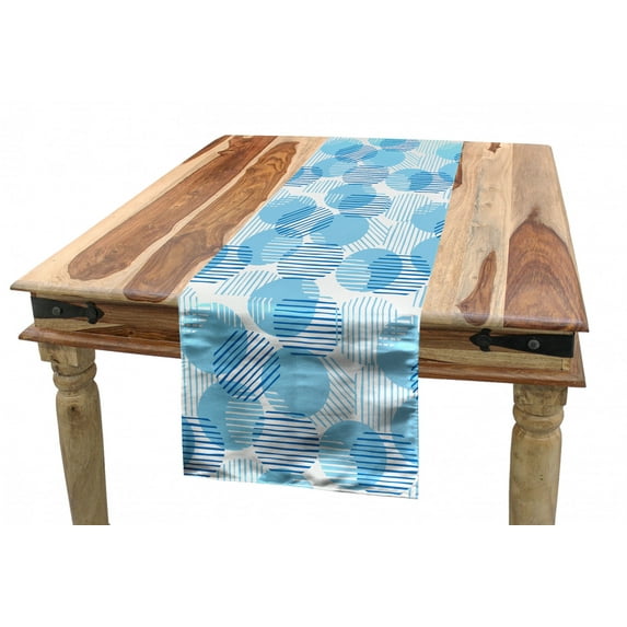 Abstract Table Runner, Geometric Retro Print Consisting of Circles Lines in Sky Tones, Dining Room Kitchen Rectangular Runner, 3 Sizes, by Ambesonne