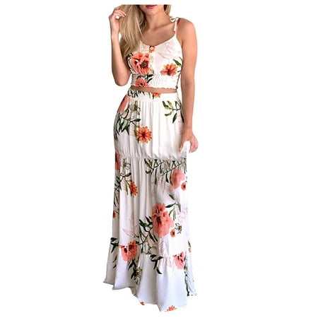

Floleo Women s Tops Clearance Summer Fashion Print Casual Buttons SLeevless Camis+ Skirt Set