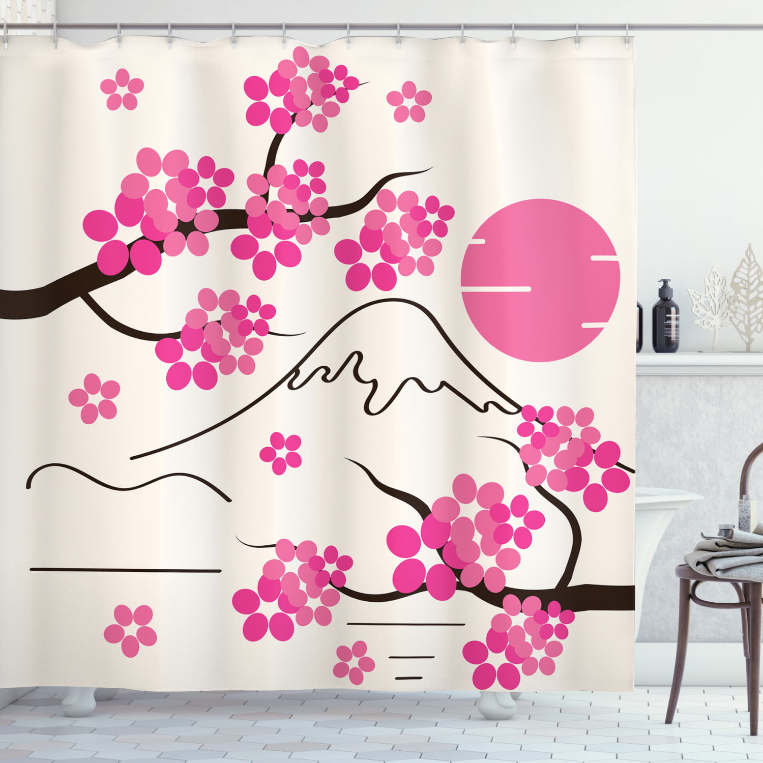Japan Mount Fuji Cherry Shower Curtain Liner Polyester Fabric Bathroom Mat Set 