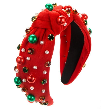 HOANSELAY Christmas Pearl Headband for Women Knotted Crystal Jeweled Top Knot Headband Festive Holiday Headband