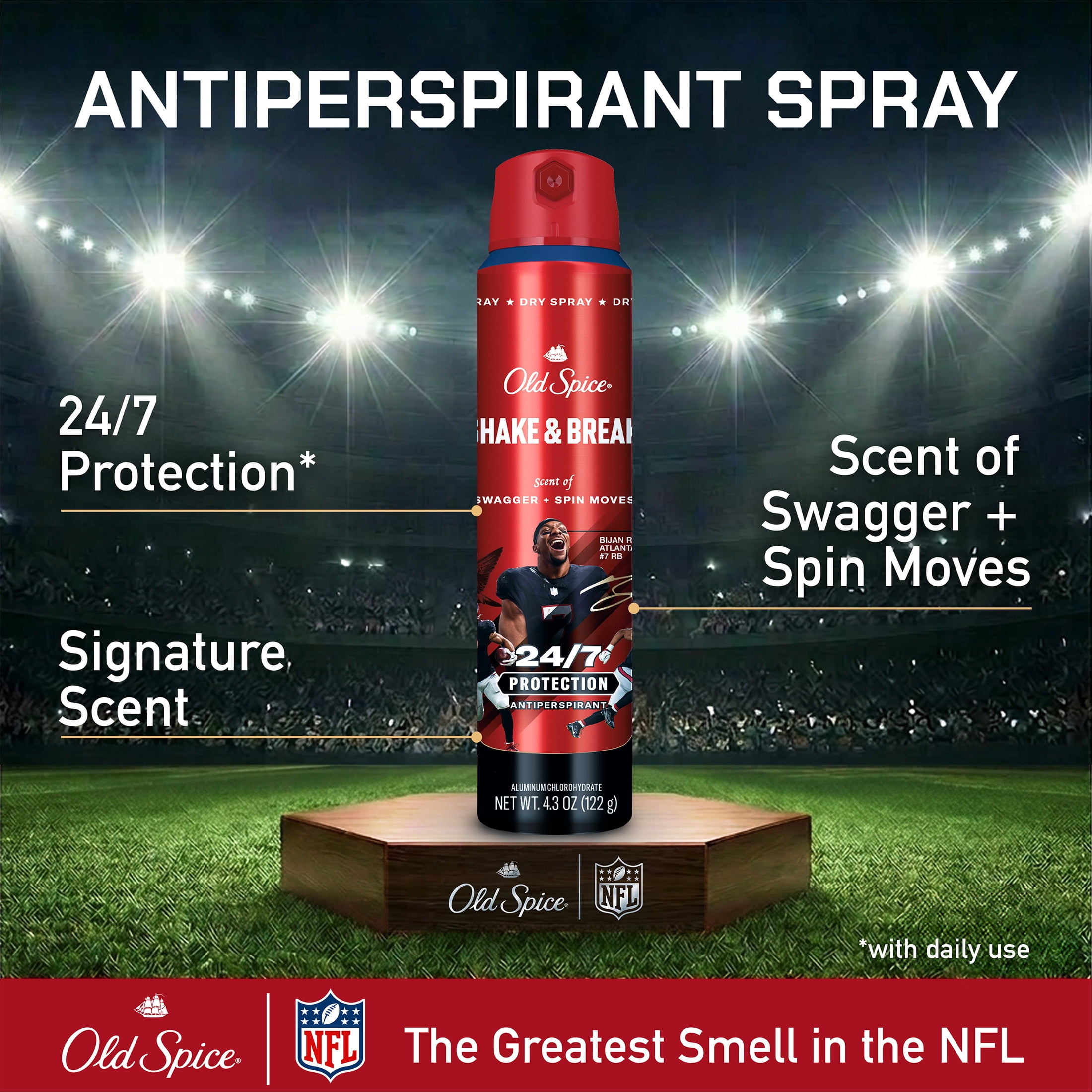 Old Spice Body Spray for Men, Antiperspirant, NFL Collection, Bijan Robinson, Scent of Swagger + Spin Moves, 4.3 fl oz