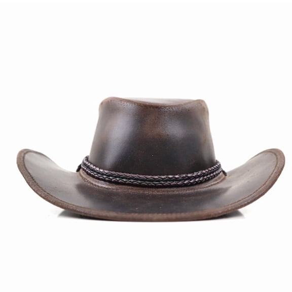 Authentic StellMan Cowboy Hat – Dark Brown Leather with Chin Strap & Braided Trim