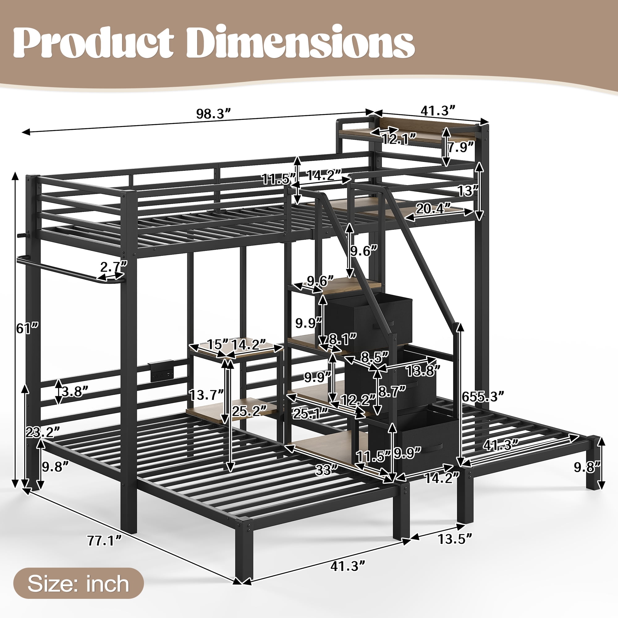 HOQBN Triple Bunk Bed Twin over Twin,Heavy Duty Metal Bed Frame with Storage Stair Drawers,No Box Spring Needed,Black