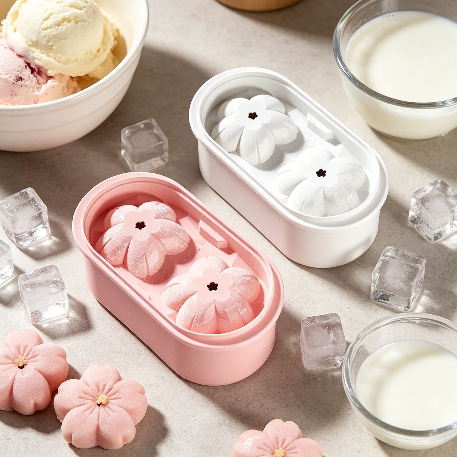 Cherry Blossoms Ice Cube Trays with Covers, 2 Cavity Non-Stick Reusable Ice Maker Mould Quick Release Large Ice Form for Chilled Cocktails and Juice 2PCS Pink