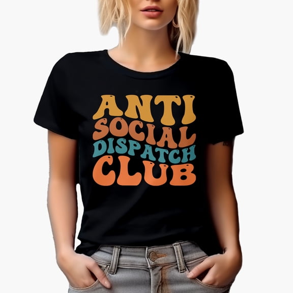 Anti Social Dispatch Club, Group of Introvert Dispatchers, Groovy Retro Wavy Text Merch Gift, Black T-Shirt, Small