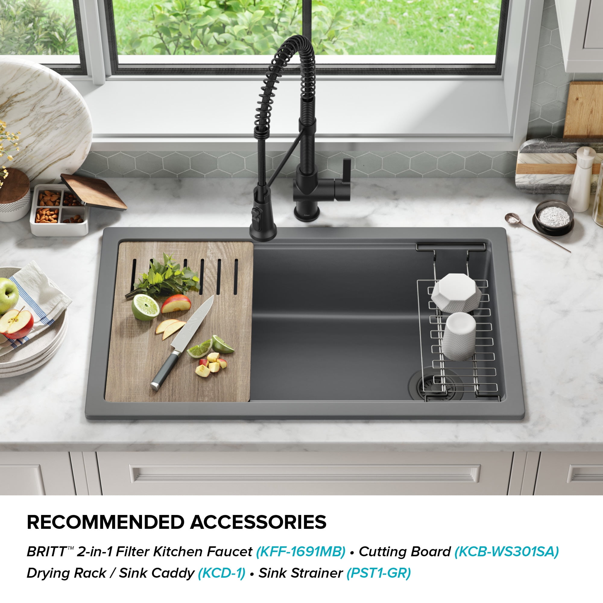 KRAUS Turino 33 Fireclay Workstation Drop-In / Undermount Single Bowl Kitchen Sink in Matte Grey