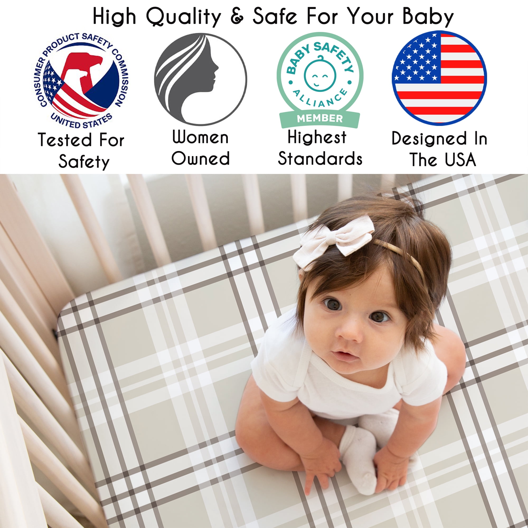 Sweet Jojo Designs Gingham Taupe Plaid Boy, Girl, Unisex/Gender Neutral Fitted Crib Sheet