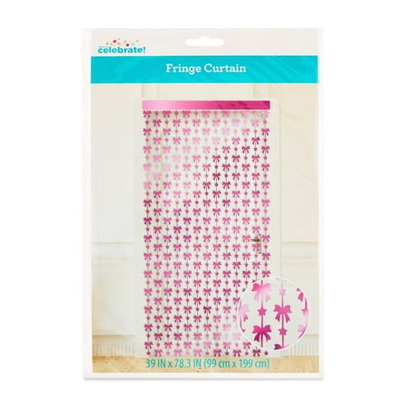 Pink Bows and Stars Foil Fringe Curtain, 39" x 78.3", by Way To Celebrate