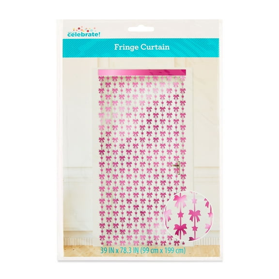 Pink Bows and Stars Foil Fringe Curtain, 39" x 78.3", by Way To Celebrate
