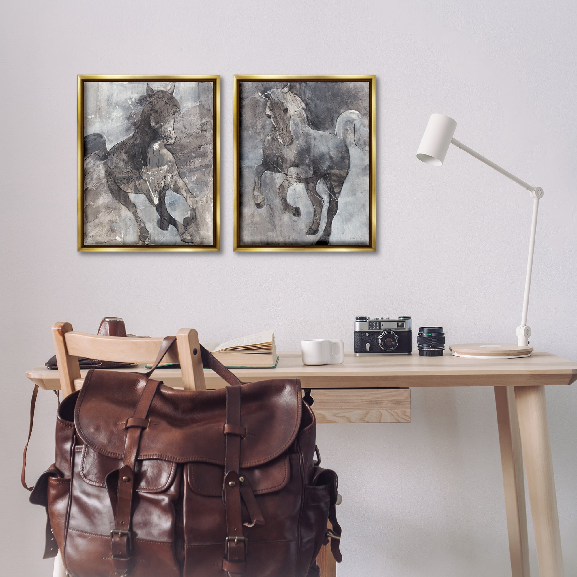 Stupell Industries Free Spirit Wind Dancer Horse Animals Painting Gold Floater Framed Canvas Art Print Wall Art, 17 x 21, Set of 2