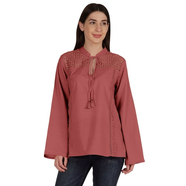Moomaya Tunique Col Mandarin pour Femmes Manches Longues Été Coton Uni