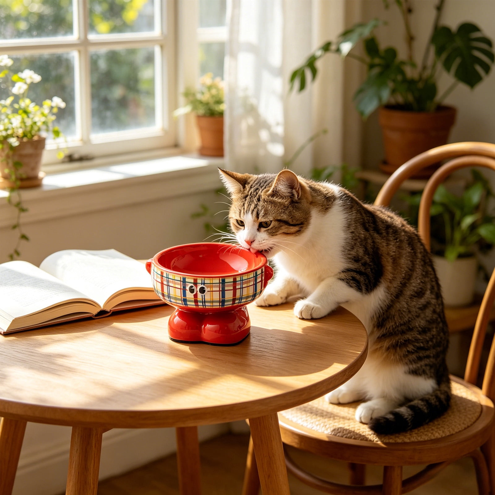 Elevated Ceramic Pet Bowl for Cats and Small Dogs, Raised Food and Water Dish for Spine Support, Non Slip Weighted Base, Easy Clean No Mess Chin Friendly Feeding Bowl for Daily Use