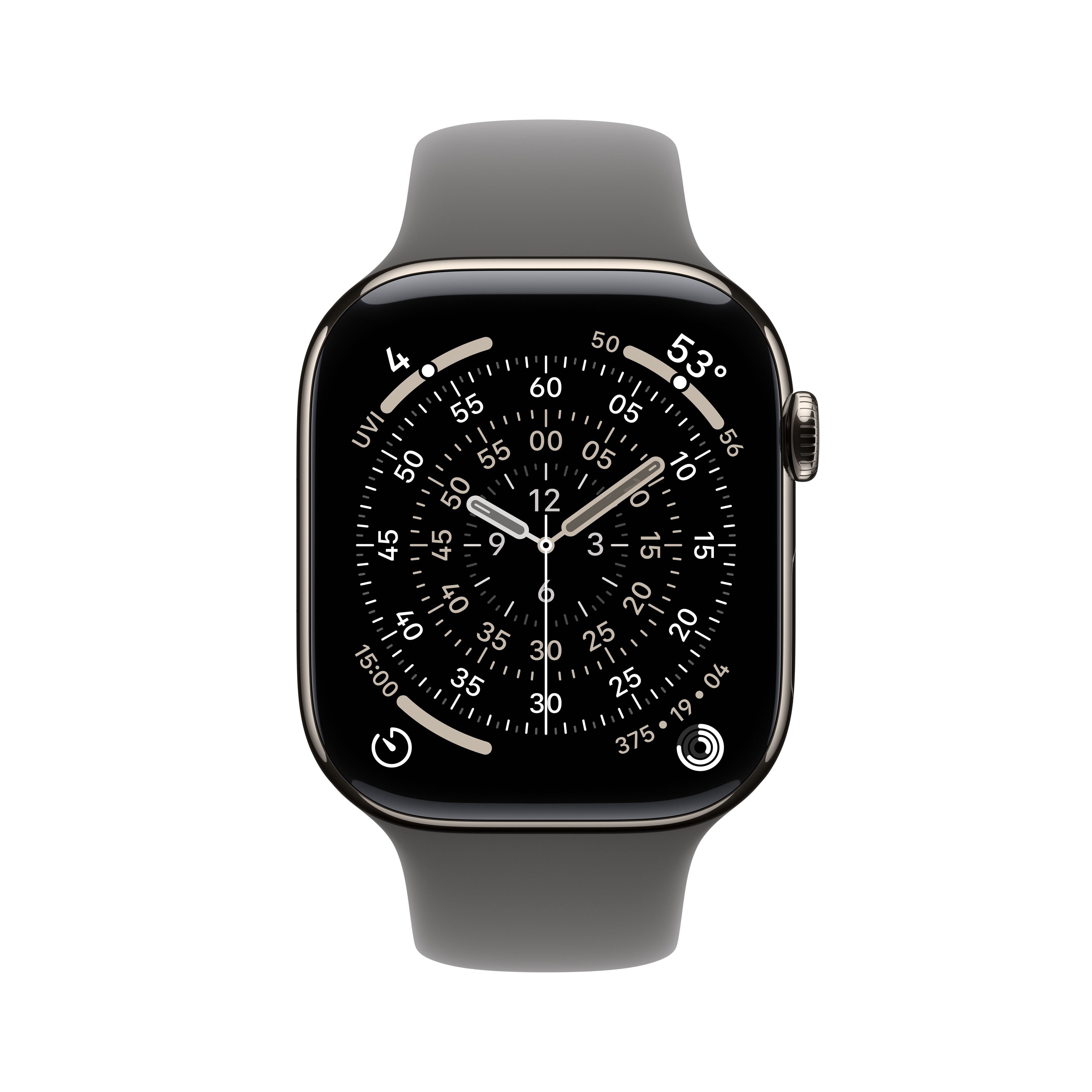 Apple Watch Series 11 [GPS + Cellular 46mm] Smartwatch with Natural Titanium Case with Stone Gray Sport Band - S/M