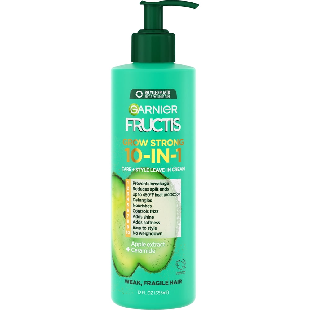 Garnier Fructis Grow Strong Heat Protection & Nourishing 10-in-1 Care and Styling Leave-In Cream with Apple Extract & Ceramide, 12 fl oz