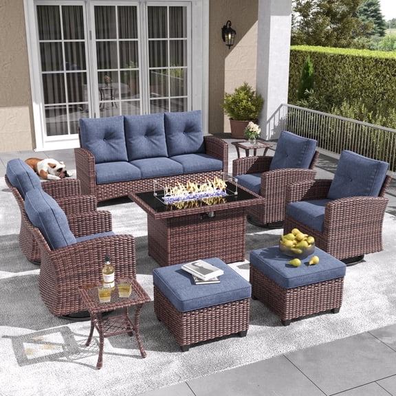 Layinsun 10 Pieces Patio Furniture Set with Swivel Chairs, Rattan Wicker Rocking Glide Chairs with 44" Propane Gas Fire Pit Table Conversation Set