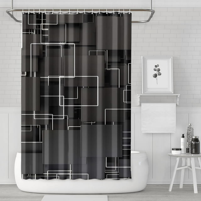 Ensemble de Rideau de Douche avec Encliquetable, Forme Ronde Carrée Mi-Siècle (2) Rideaux de Douche Réutilisables Doublure de Douche, Rideaux Minimalistes en Polyester, 72x72 Pouces