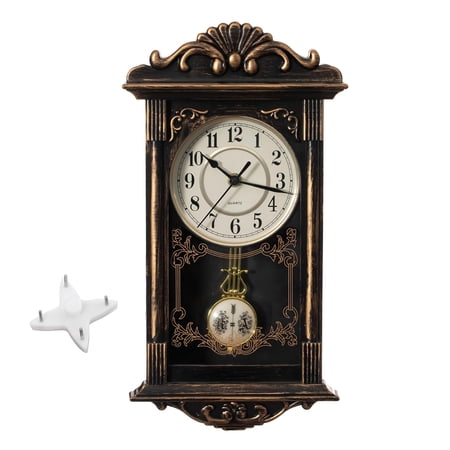Vintage Grandfather-style Wall Clock With Wood-effect Plastic Pendulum Battery-operated - For Home Decor Living Room Office Kitchen Or Dining Black A Distressed Finish