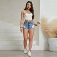 thumbnail image 5 of Lodgix Girl's Distressed Raw Hem Elastic Waist Jean Shorts Straight Leg Denim Shorts Dark Blue-L, 5 of 6