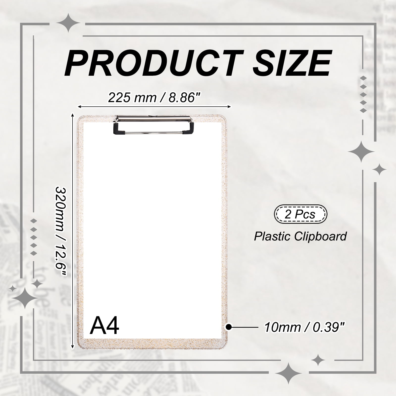 Uxcell 2 Pcs Plastic Clip Boards, A4 Size Gold Tone Stylish Clip Boards Glitter Design Cute Clipboards Office Supplies for Restaurant Shop Store Note Memo Card Sign Holder