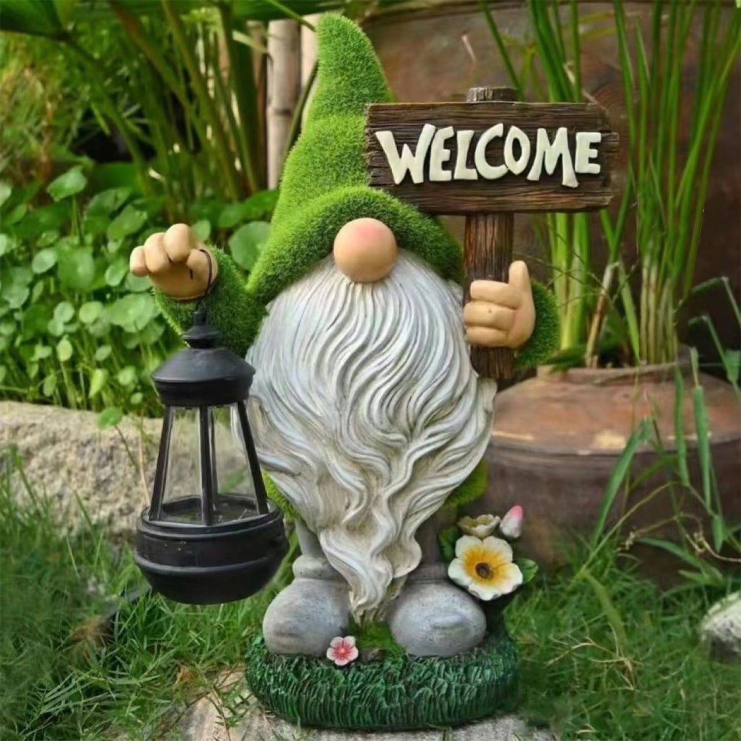 Garden Gnome Statue Outdoor Decor Large Flocked Resin Gnome Figurine with Solar Light Holding Lantern Welcome Sign Garden Yard Decorations Dwarf Sculpture for Outside Patio Porch Lawn Decor.