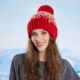 thumbnail image 4 of HomeDM Unisex Slouchy Beanie Hat with Faux Fur Pom Stripe Winter Warm Knit Hats Men and Women Soft Beanie Cap Outdoor Red, 4 of 4