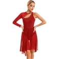 thumbnail image 2 of Doomiva Women Lyrical Dress One Shoulder Sheer Mesh Long Sleeve Leotard Figure Skating Dress Burgundy S, 2 of 7